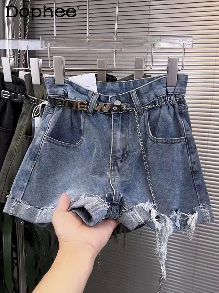 

2022 New Summer Denim Shorts Women's High Waist Wide-Leg Jeans Shorts Female Loose Slimming Chain Flanging A- Line Short Pants