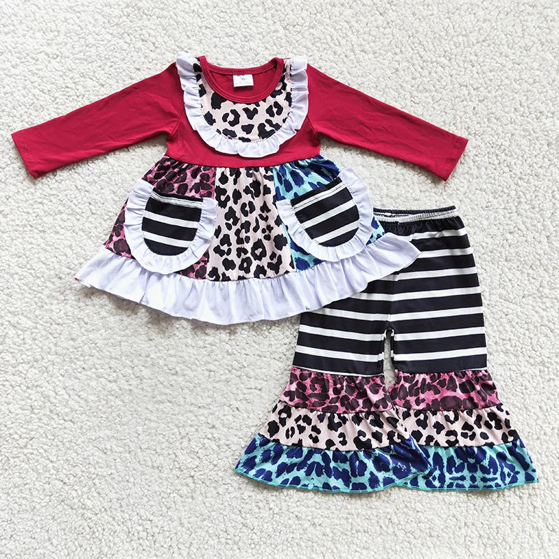 

Baby Girl Leopard Outfit Red Long Sleeves Pocket Childrent Kid Patchwork Striped Bell Pants Wholesale Toddler Cotton Ruffle Set