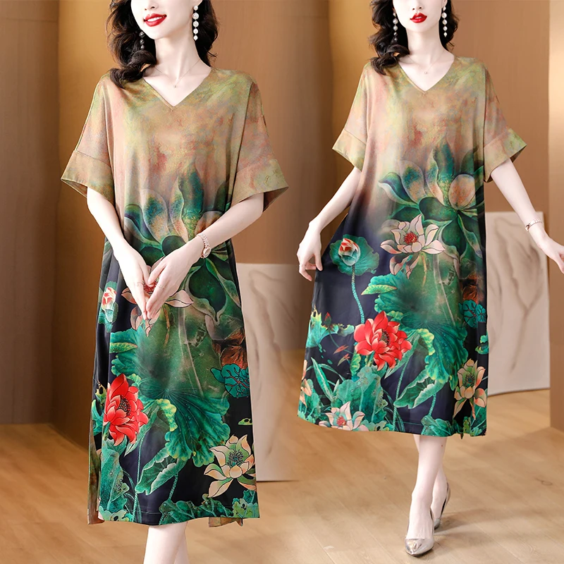 

2023 летняя свободная повседневная женская одежда в национальном стиле ретро с цветочным принтом для женщин среднего возраста цельное платье шелковая юбка T27