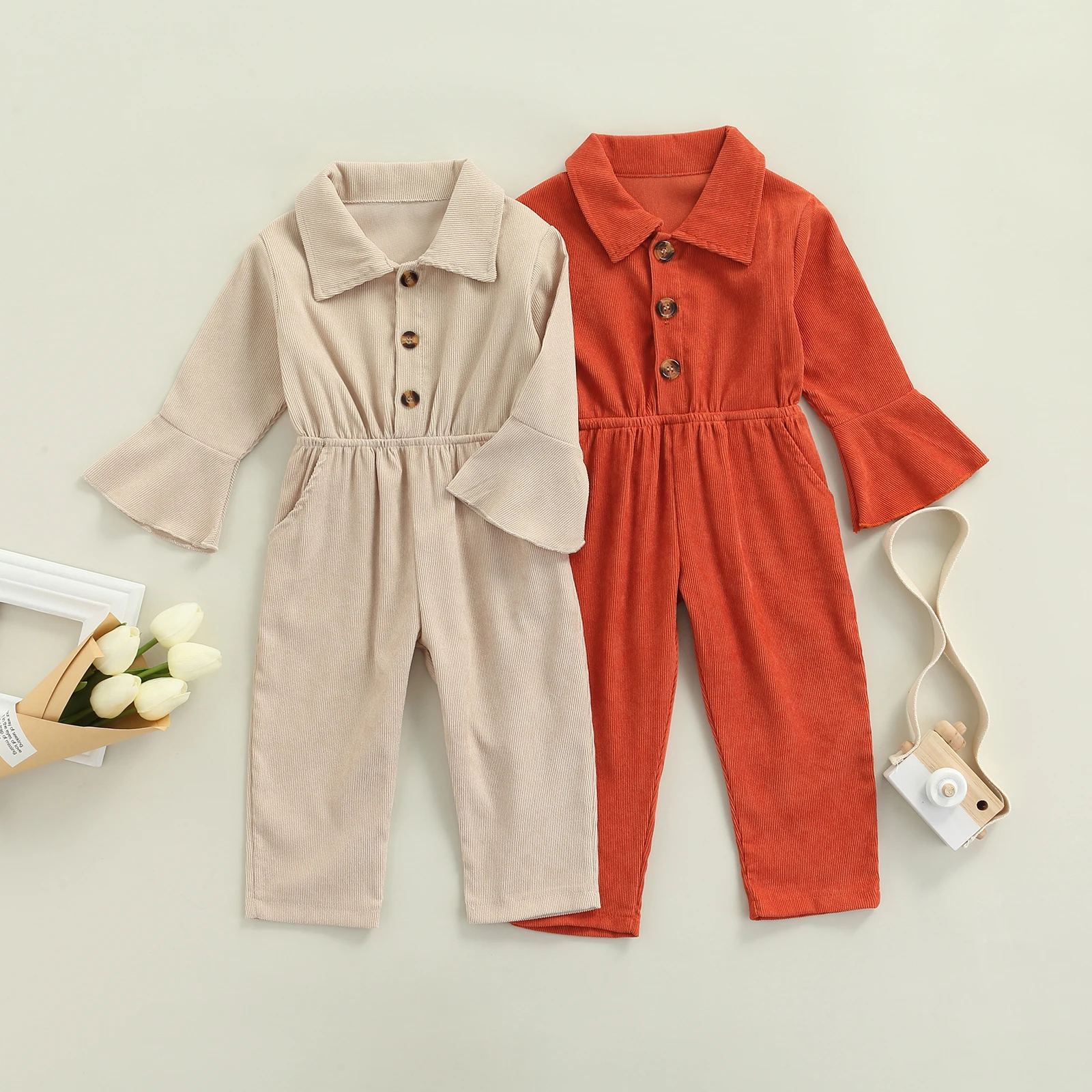 

Kids Toddler Girl Corduroy Overalls Romper Turn Down Collar Button Flare Sleeve Jumpsuit Long Pants Outfit