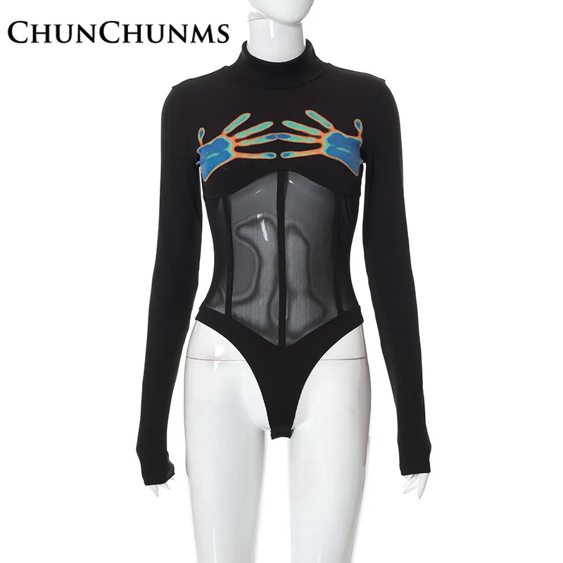 Summer Hand Printed Long Sleeve Mesh Short Jumpsuit Women Rompers See Through Sexy Bodysuits Booty Hip Outfits 2022 Streetwear