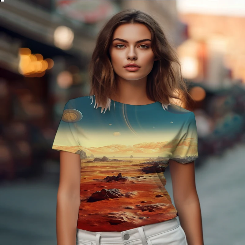 

Summer new lady T -shirt outside space planet 3D printed lady T -shirt casual fashion ladies T -shirt trend lady T -shirt