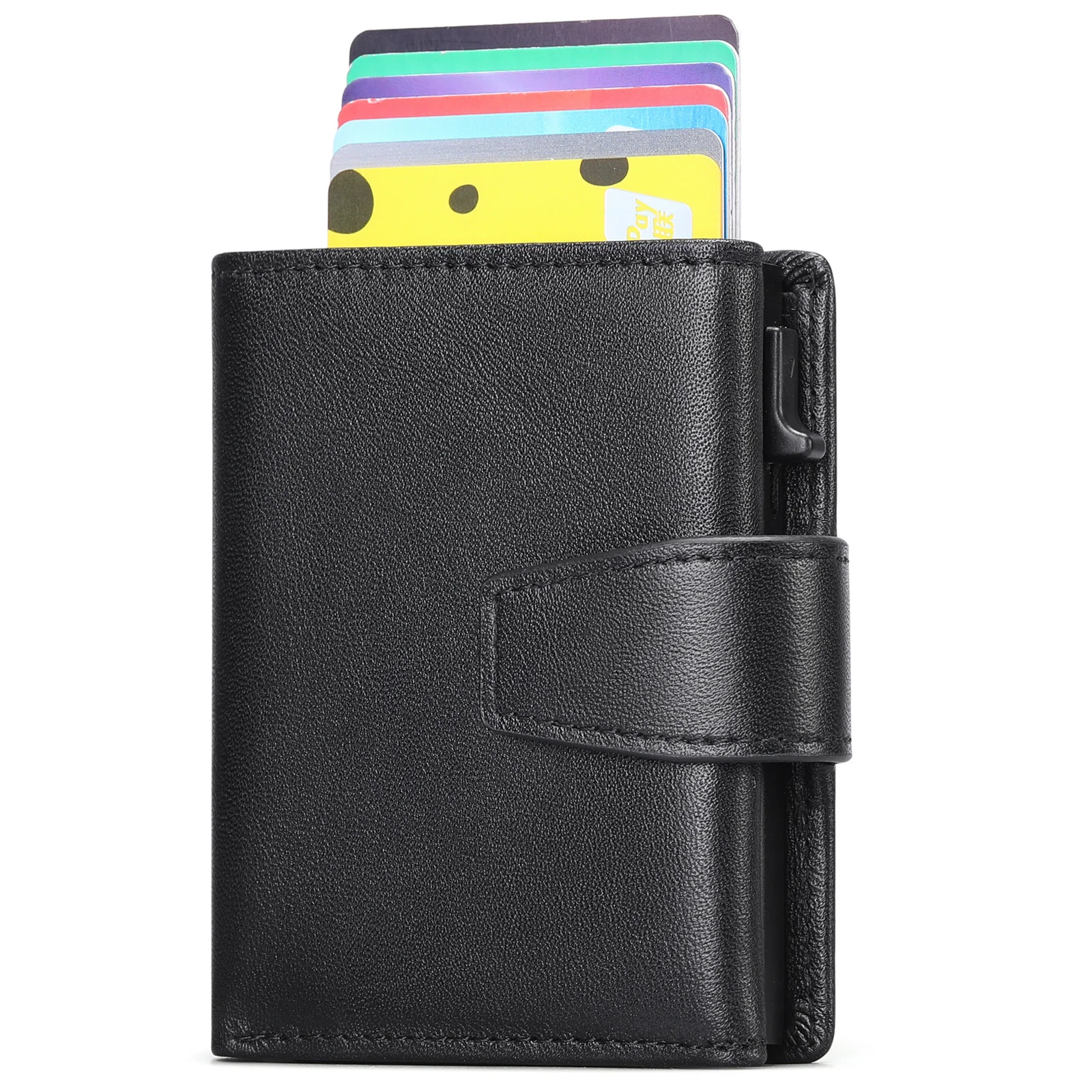 

Leather men's wallet top layer cowhide card cover aluminum alloy automatic card box men's multi-function wallet men