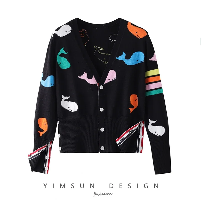 

2021 autumn new TBB small whale intarsia knit sweater cardigan female color jacquard pattern V-neck jacket for men and women