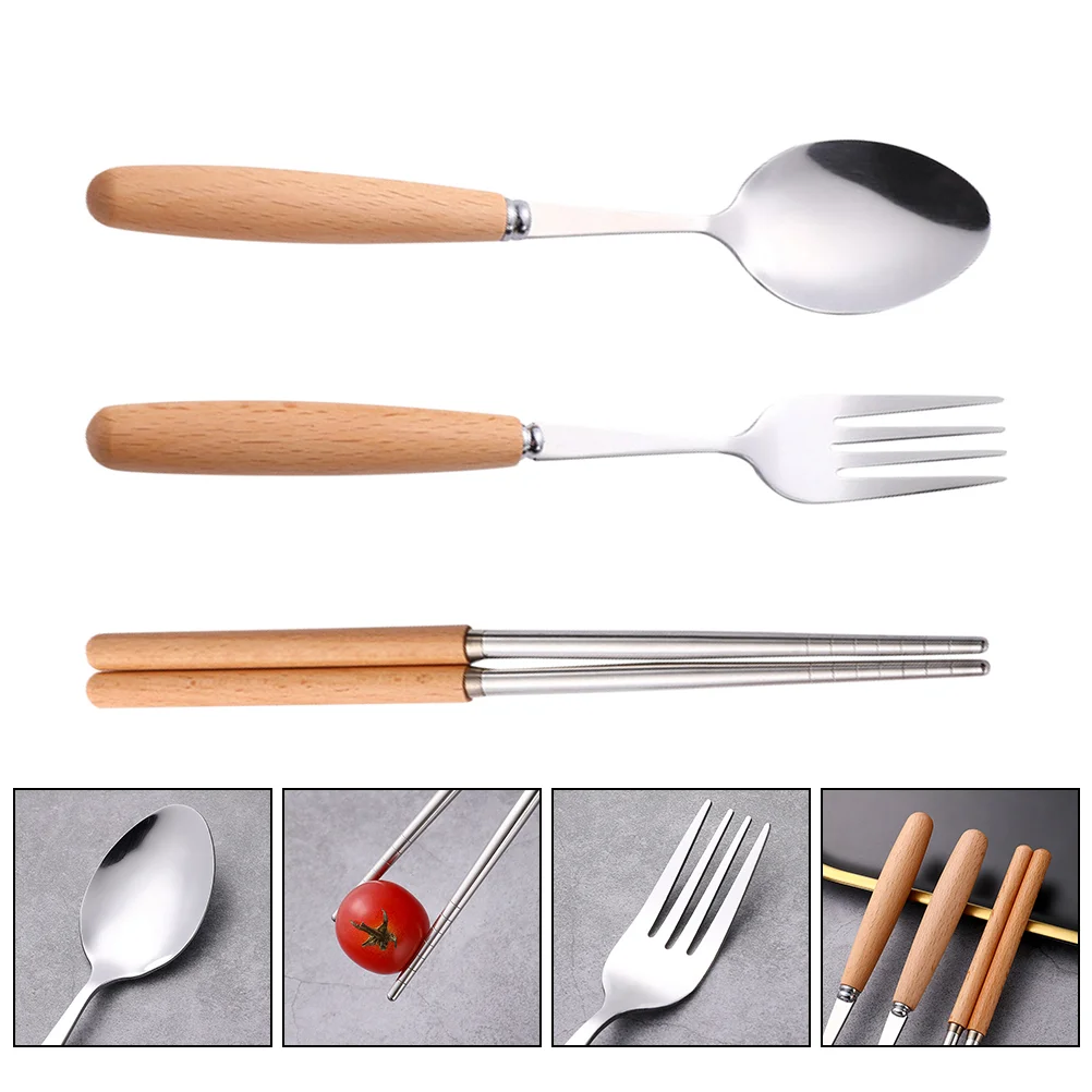 

1 Set Tableware Fork Spoon Chopstick Kit Stainless Steel Flatware Wooden Handle Cutlery for Hotel Shop Store