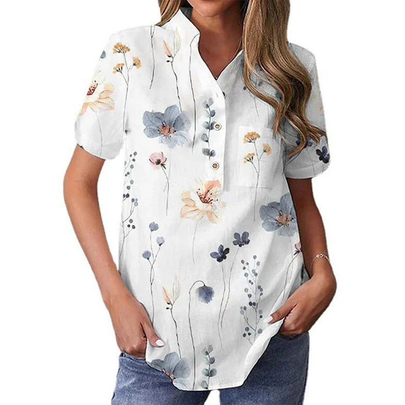 Women's Shirt 2023 Spring/Summer New Printed Shirt Casual Standing Neck Short Sleeve Regular Pullover Women's Top Shirt