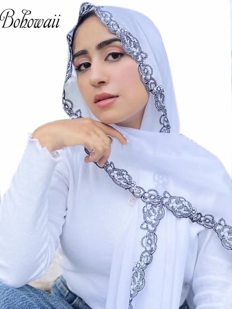 

BOHOWAII Muslim Girl Fashion Hijabs for Woman Long Headscarf Chiffon Scarf Islam Foulard Femme Hijab Stylish Lace Turban