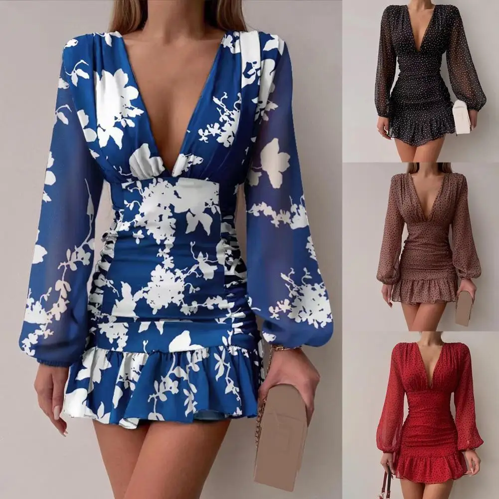 

Chic Lady Floral Print Summer Chiffon Women Dress Dop Print Ruffles Lantern Sleeve Slim Mini Dress Party Dress for Banquet