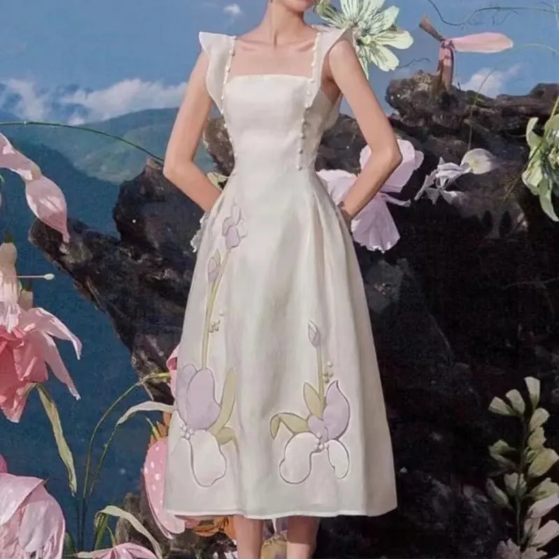 

Женское модельное платье миди без рукавов, элегантное облегающее платье с цветочным принтом, квадратным вырезом, оборками и пуговицами, лето 2023