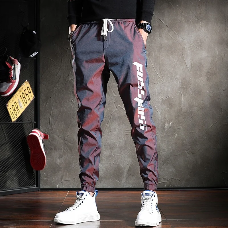 Summer 2023 Dazzle Color Reflective Pencil Pants Men Casual Handsome Joggers Streetwear Drawstring Trousers