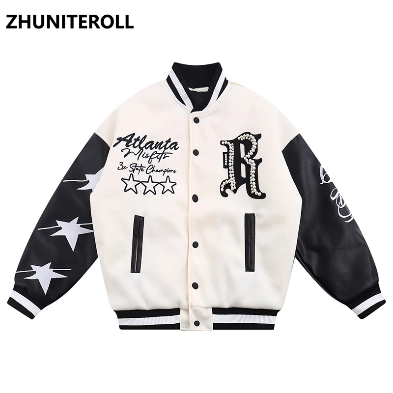 

2021 Harajuku PU Leather Patchwork Parka Men Pearl Embroidery Thick Jacket Hip Hop Windbreaker Winter Padded Baseball Coat Loose