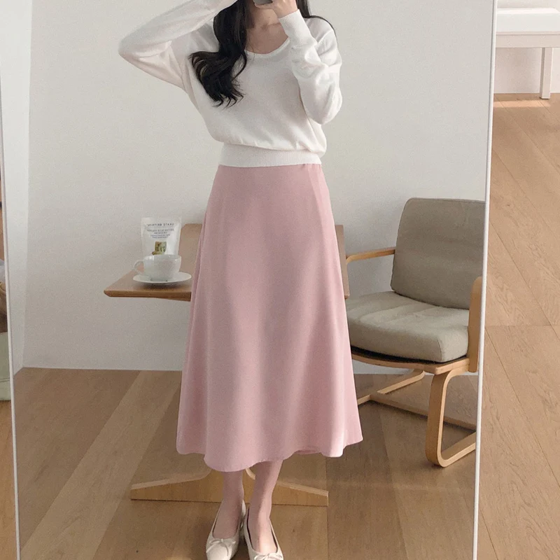 

Satin Skirt Women's 2022 Spring Summer Premium Acetate Satin Commuter Office lady Korean Fashion A-Line Skirt Long Skirt