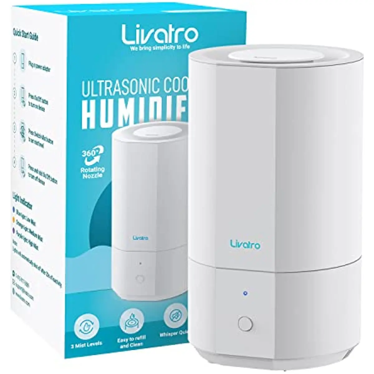 

Livatro 4L Top Fill Humidifiers for Bedroom Large Room Nursery, Cool Mist Humidifier with Ultrasonic Quiet, Auto Shut-off