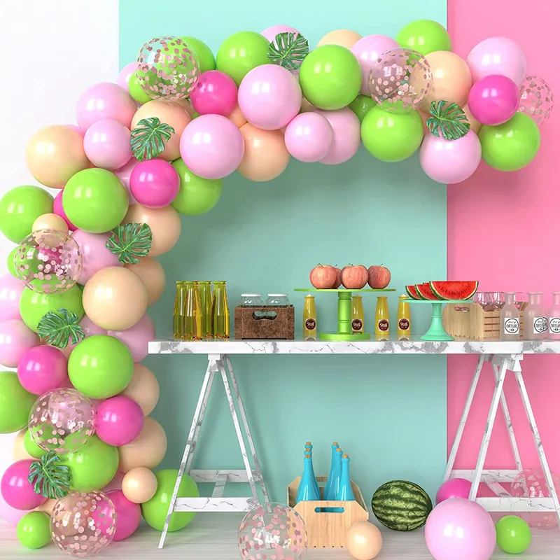 

109Pcs Pink Summer Tropical Theme Balloon Garland Arch Kit with Green Rose Gold Confetti Ballon Turtle Leaf Birthday Party Decor