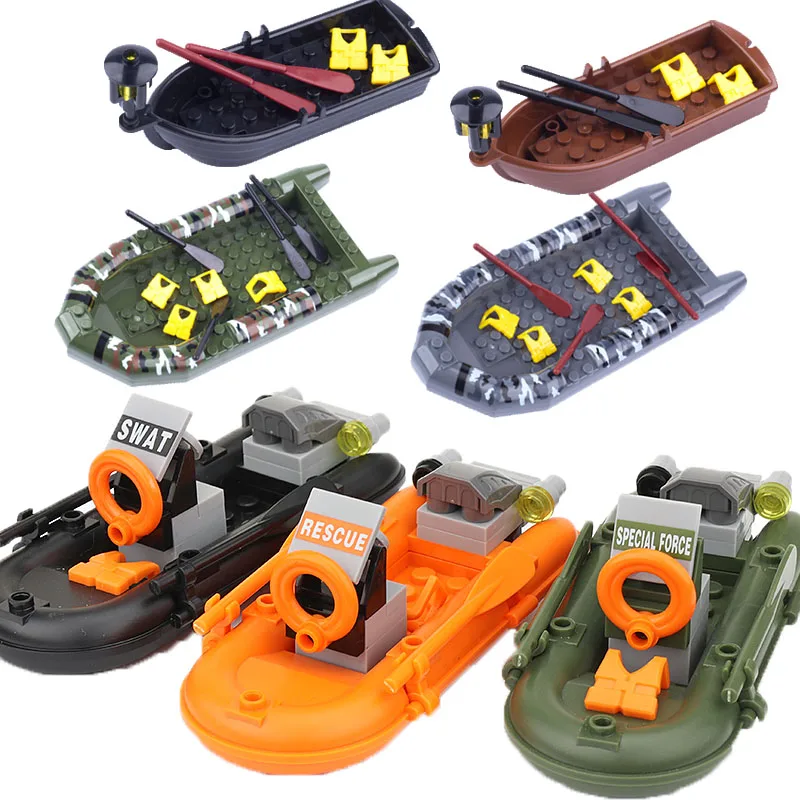 

MOC Military SWAT Figures Accessories Building Blocks Camo Rubber Boat Fire Boats Kayak Lifeboat Model Toys for Children C341