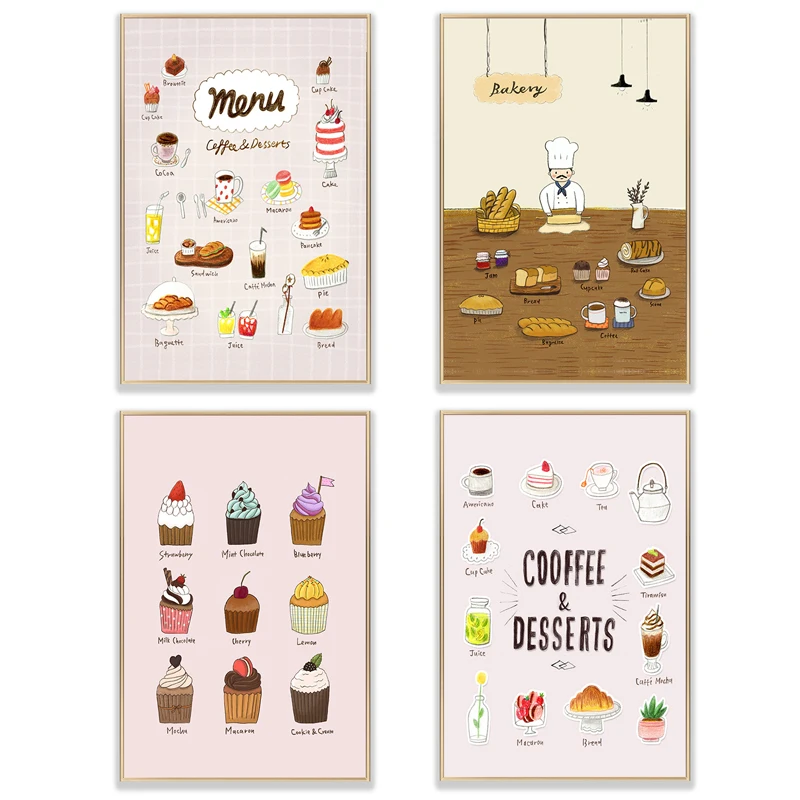 

Sweet Dessert Coffee Menu Canvas Painting Cartoon Food Art Posters and Prints Restaurant Cafe Kitchen Wall Picture Home Decor