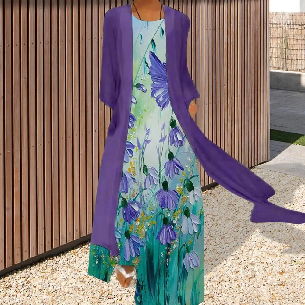 

2 Pcs/Set Women Coat Dress Set Solid Color Coat Cardigan Sleeveless Dress Floral Printing Summer Dress Elegant Lady Coat Set