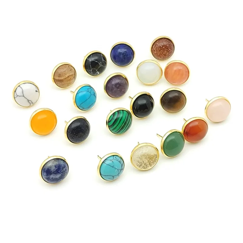 

12pairs 12MM Natural Stone Gold Color Stud Earrings Jewelry Tiger Eye Opal Blue Pink Crystal Earings Women Men Gift