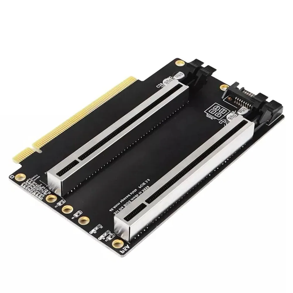 Фото Карта-разветвитель PCIe 3.0 X16 на два порта X8 с питанием SATA для графических процессоров Gen3, SSD и сетевых адаптеров (расширитель) №5