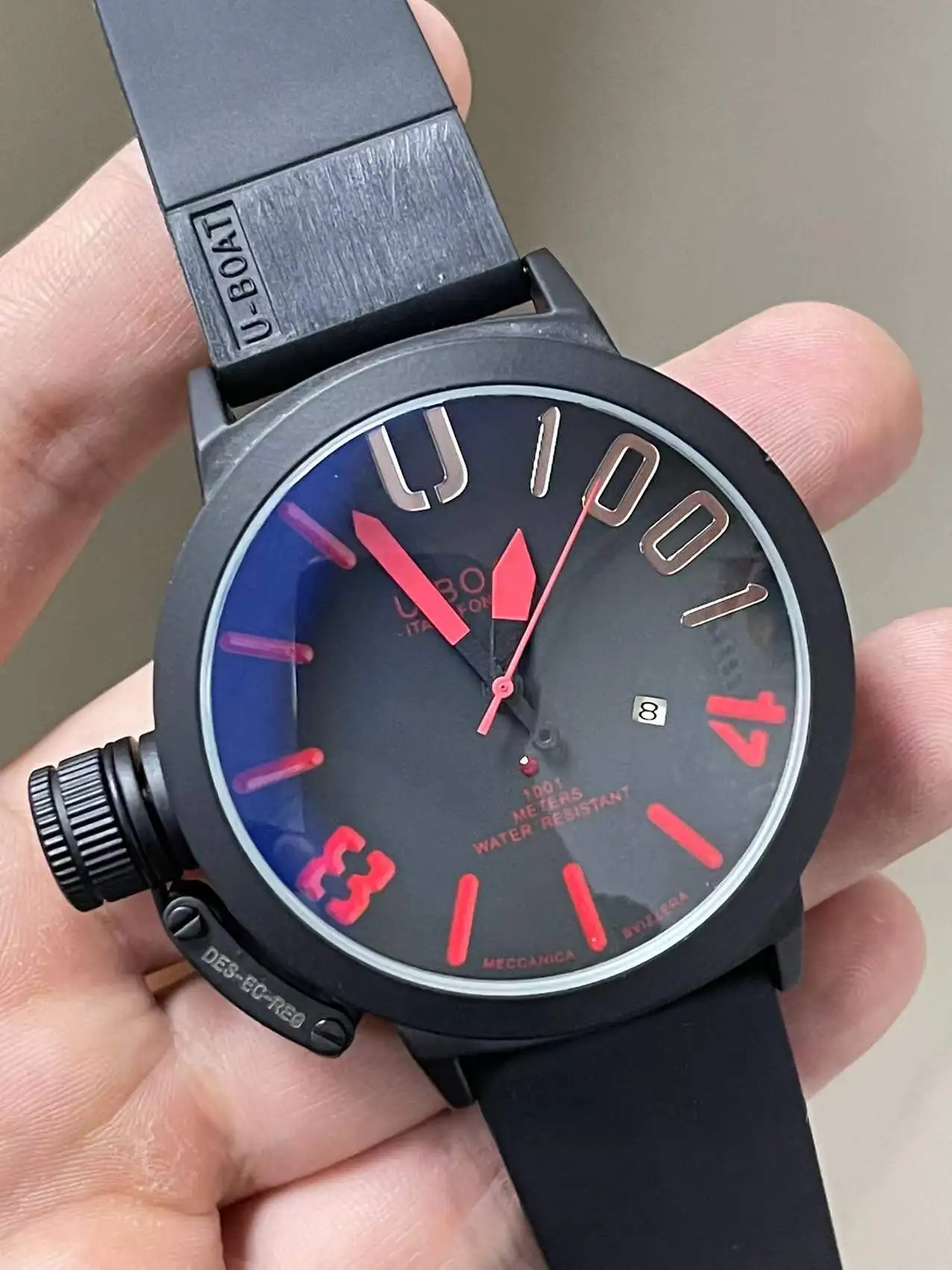 

Men's Mechanical Automatic Joker Left Hook Hand Watch U Sport Black Rubber Wristwatch Boat White Big 50mm