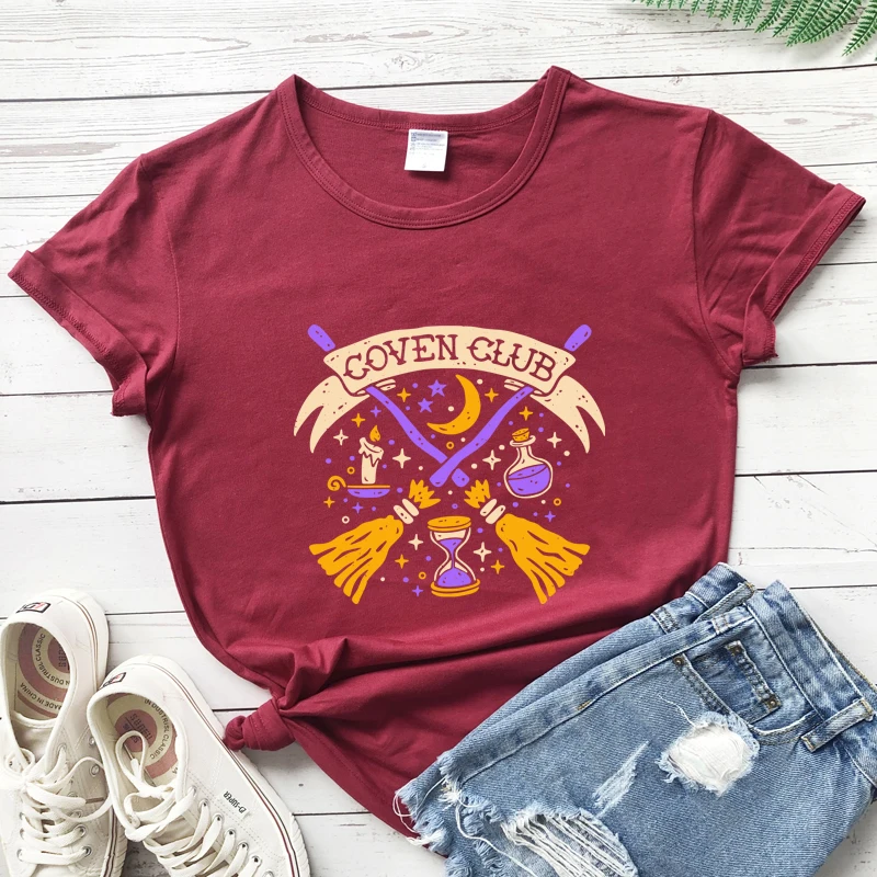 

Цветная Клубная футболка coven, винтажная женская футболка с коротким рукавом, Хэллоуин, ведьма, Топ