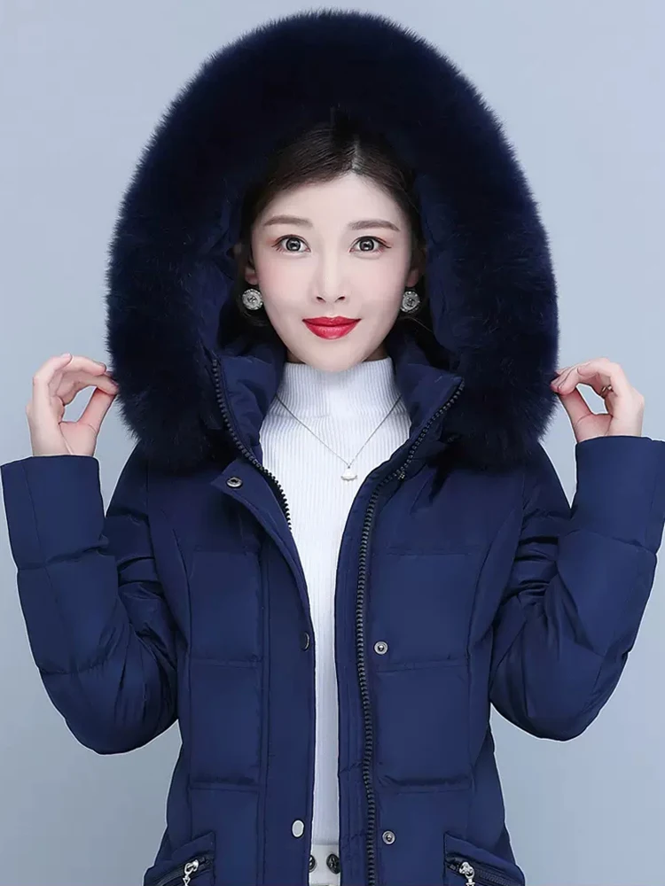 New Women Long Down Coat Winter Fashion Detachable Real Fox Fur Collar Thicken Warm White Duck Down Jacket Slim Hooded Overcoat