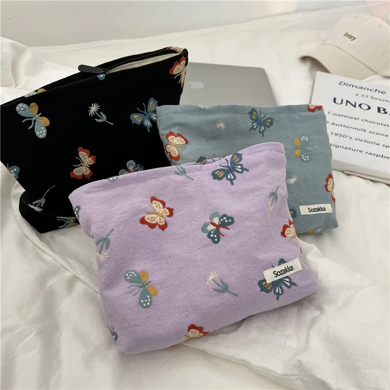 

Butterfly Embroidered Kawaii Cosmetic Bag Canvas Washing Bag Large Capacity Women Travel Cosmetic Makeup Pouch Pencil Storages
