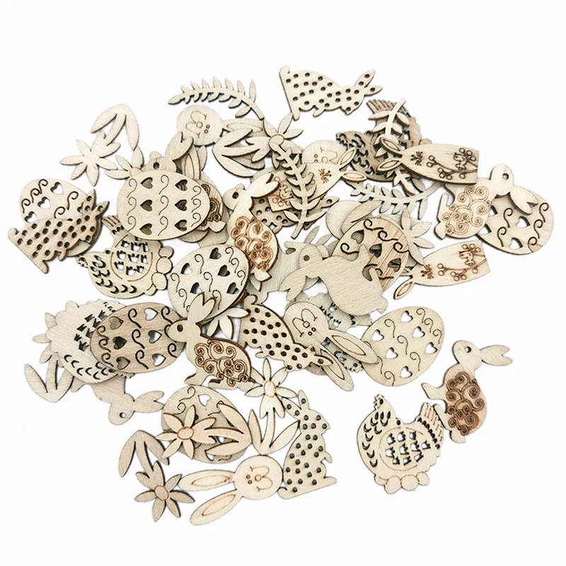 

50pcs Easter Wood Cutouts, Wooden Cutouts Bunny Egg Chick Flower Shape Slices Ornaments Craft Tags for Kids DIY Easter Party