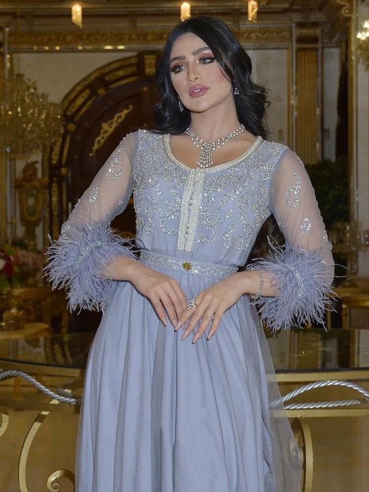 PLEINDI Bohemian Evening Dresses O-Neck Three Quarter A-LINE Ankle-Length Chiffon 2022 New of Embroidery Boho Women Dress