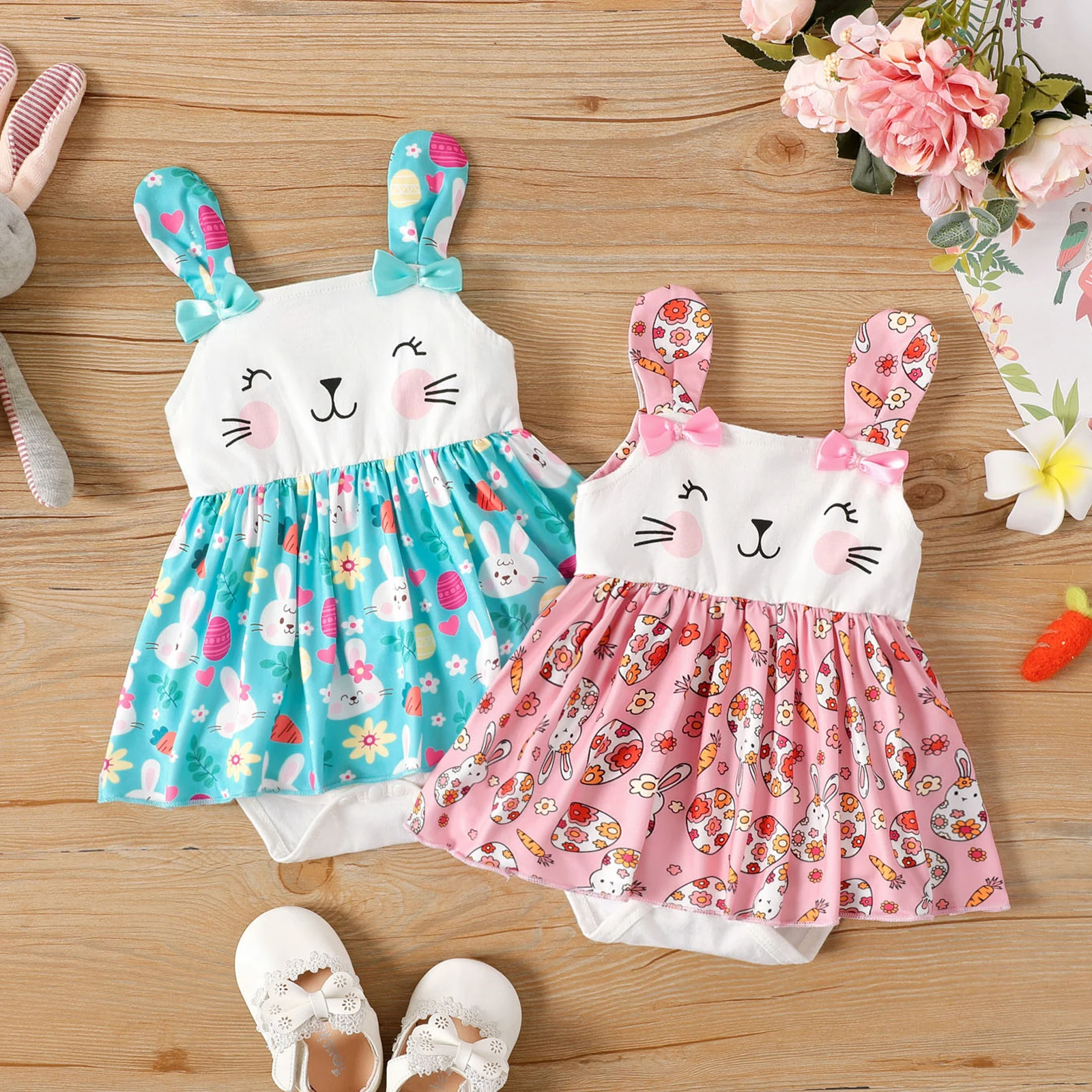 

Пасхальный комбинезон для маленьких девочек PatPat из 95% хлопка с принтом кролика и бантом спереди без рукавов