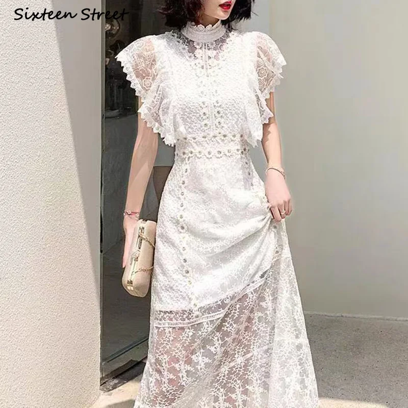 

White Mesh Maxi Dress Woman High Waisted Short-sleeve Embroidery Bodycon Dress Female O-Neck Runway Long Party Dresses Lady