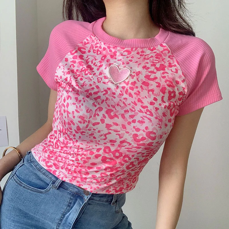 Women Leopard Embroidered T-shirt Pink Short High-waist Exposed Navel Slim Top