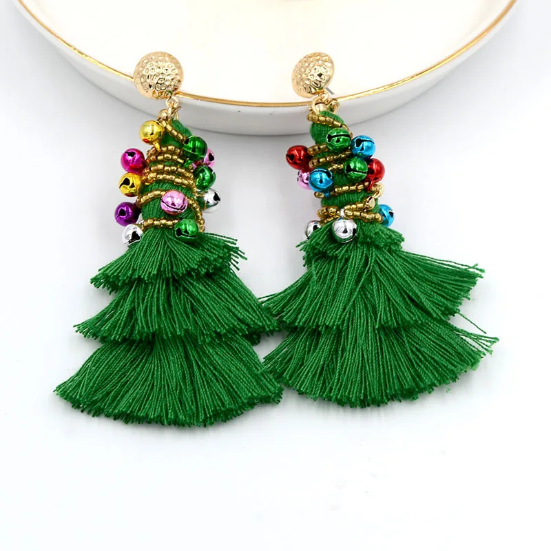 

Europe and the United States Exaggerated Christmas Earrings Colorful Bells Rice Beads Around the Christmas Tree Tassel Earrings