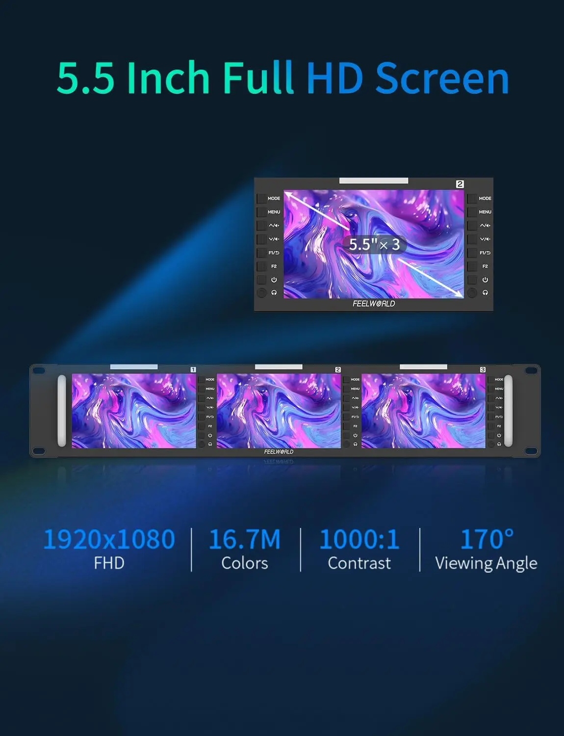 Фото FEELWORLD T51 Plus-H Тройной 5,5-дюймовый 2RU монитор для трансляций, многофункциональный видеомонитор, с функцией помощи в фокусировке. №3