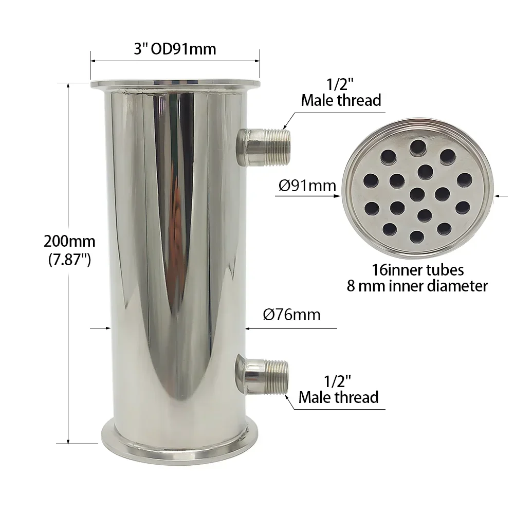 3&quot Reflux Dephlegmator 76mm (OD91mm) Condenser Height 200mm Internal 16 Tubes for Moonshine Distillation Columns