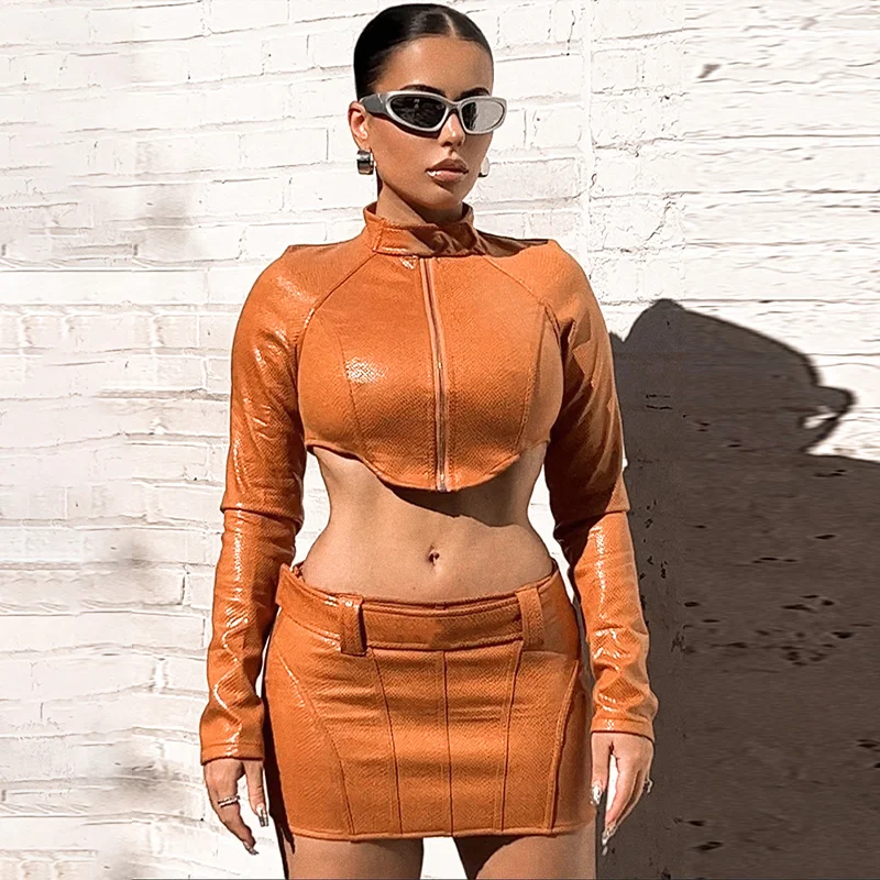

Zabrina Zip Up Button Crop Top Skirts 2 Pieces Set 2022 Fall Women Fashion Casual Festival Y2K Clothes Pu Leather Long Sleeves