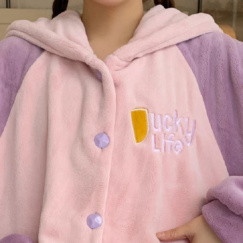 Anime Disney Cartoon Daisy Duck Winter Pajamas Two Piece Suit Women Coral Fleece Hooded Nightdress Thickened Wear Home Clothes images - 6