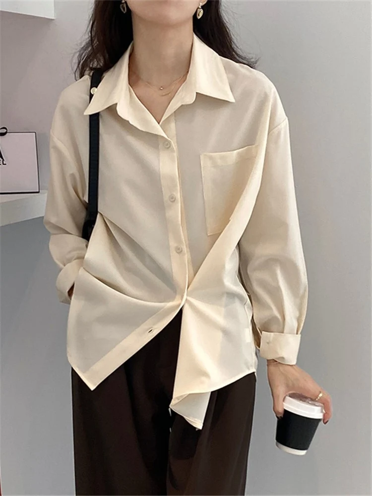 

Autumn Spring Button Up Shirt Elegant Sweet Heart Asymmertric Casual Shirts for Women Long Sleeve Blouses Girls Tops Vintage