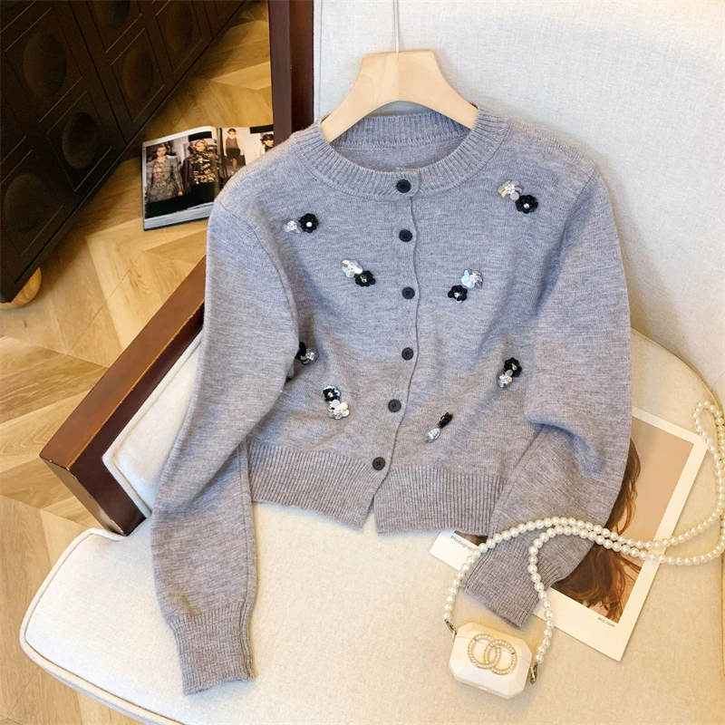 Элегантный осенне-зимний вязаный кардиган с блестками и круглым вырезом Женский