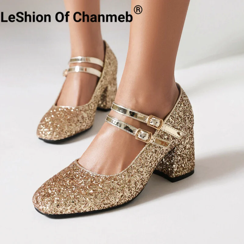 

LeShion Of Chanmeb Bling Bling Glitter Silver Pumps Women Mary Jane Double Buckle Block High Heels Shoes Lady Sequined Gold Heel