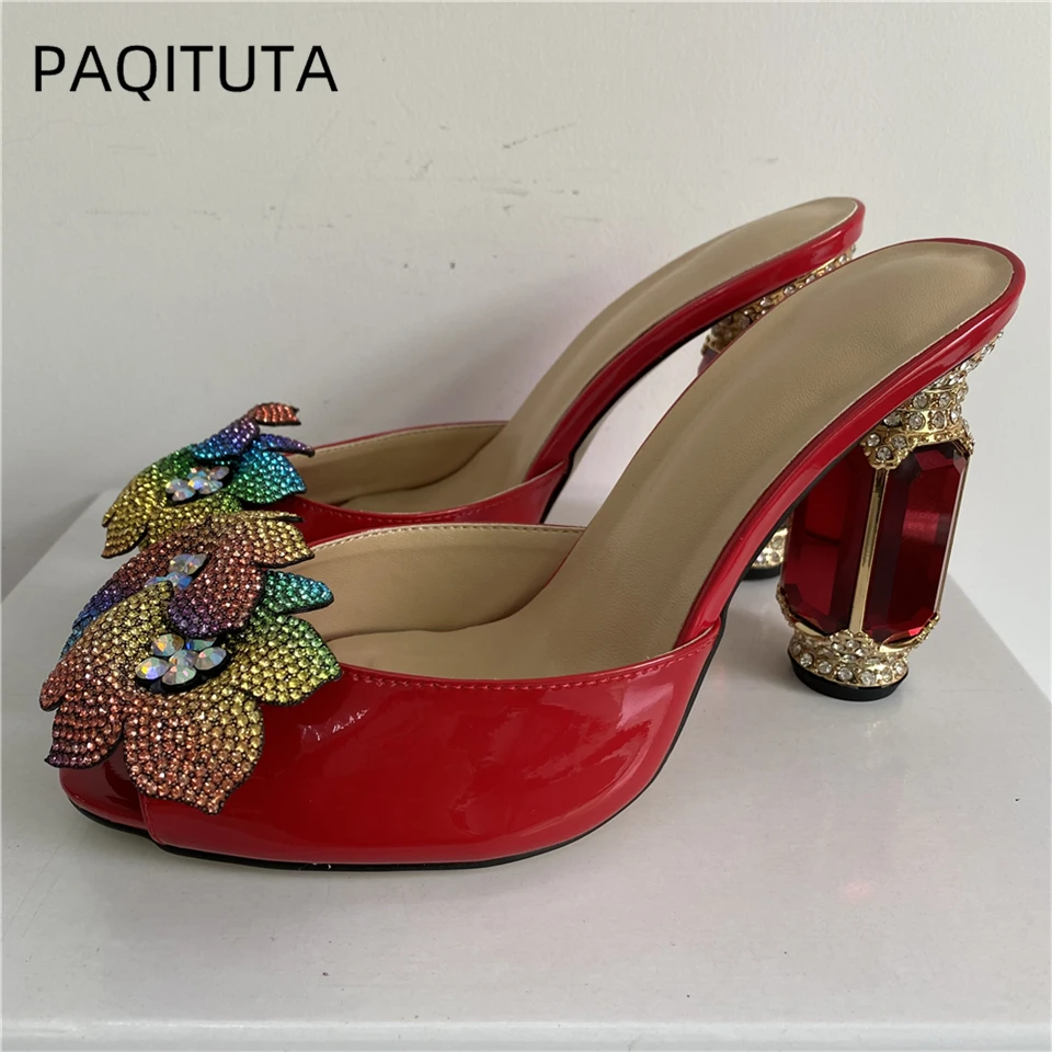 

Женские сандалии с цветочным орнаментом, летние туфли без задника на высоком каблуке со стразами, Роскошные туфли из лакированной кожи