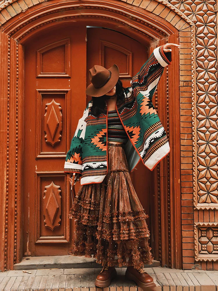 Spring Fall Jacket Clothes Women Exotic Ethnic Style Contrast Printed Oversize Jacket Long Sleeve V-Neck Cardigan Coat