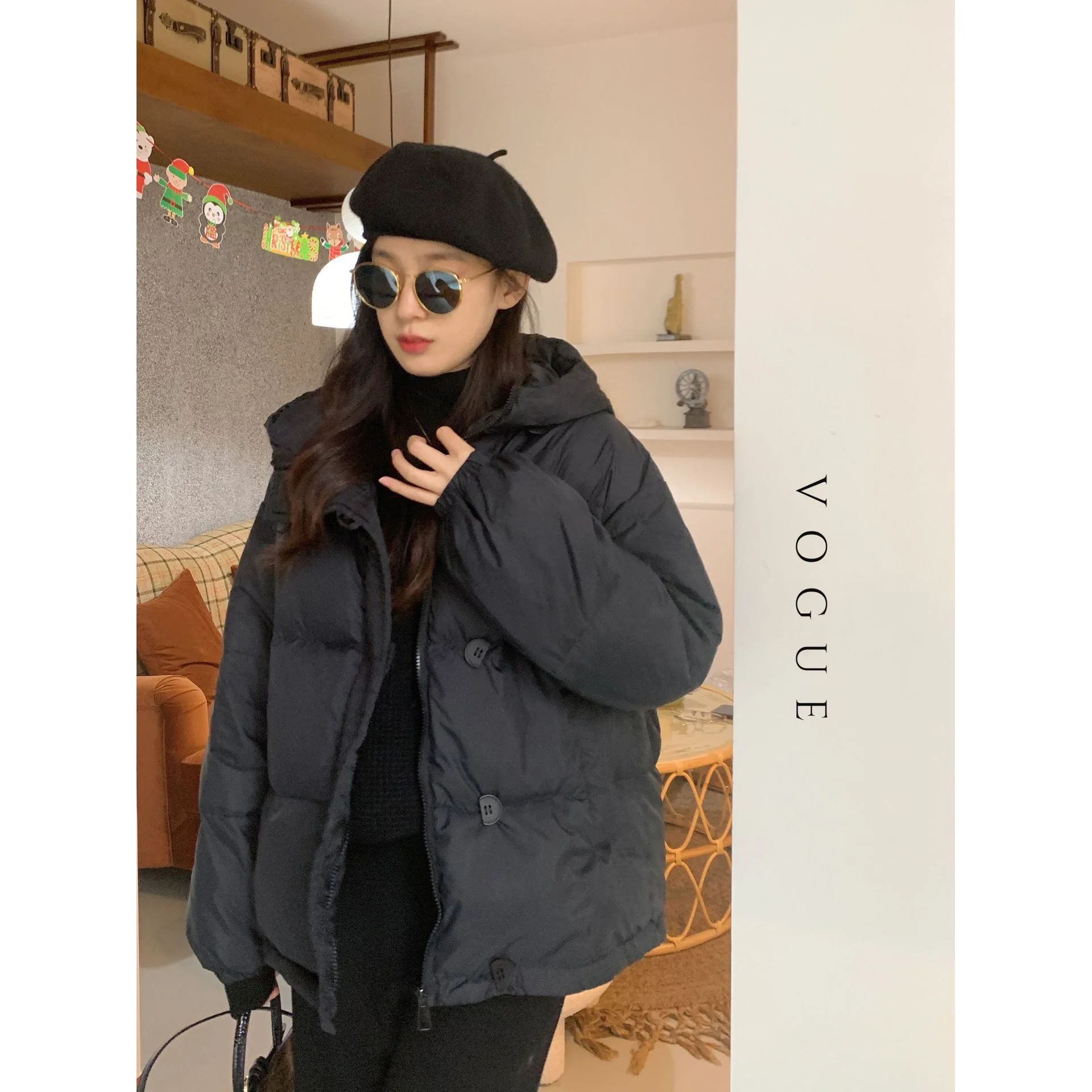 Thickened 90 white duck down loose slim hooded bread clothing down jacket female winter