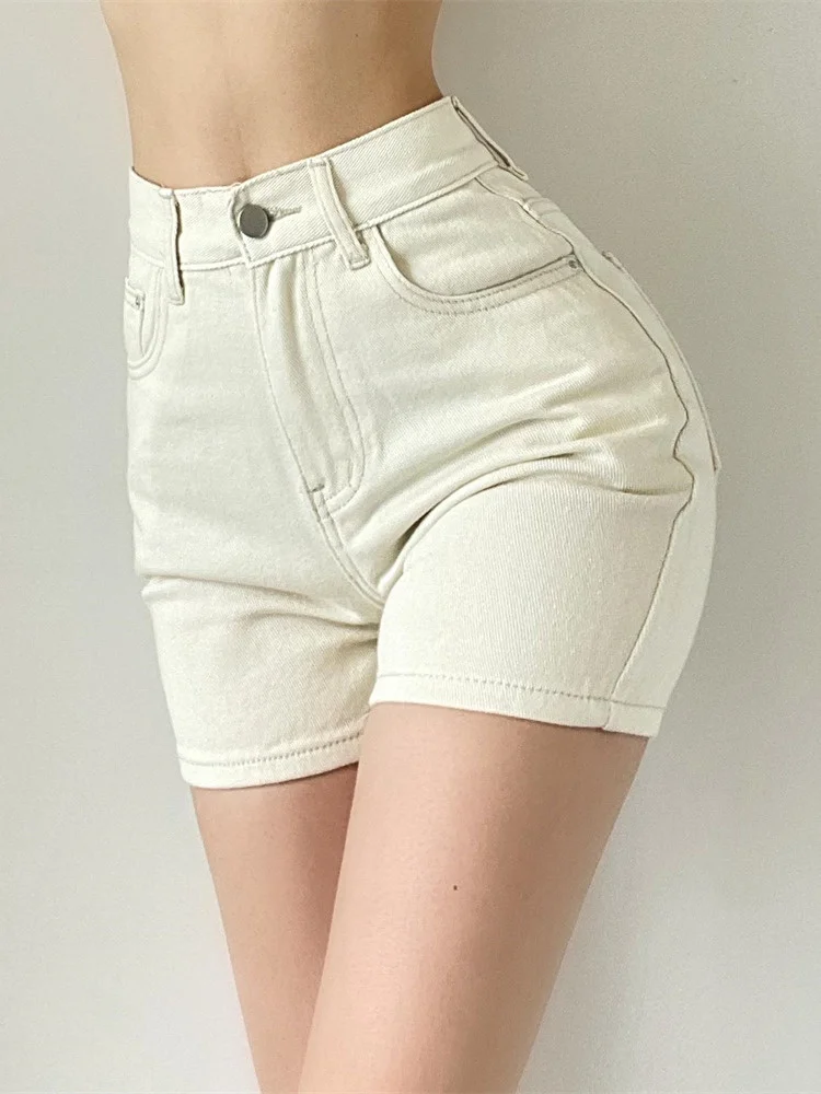 

High Sweet New European Summer Waist Curled Denim Straight Shorts High Street Solid Color Sexy Women's Clothing CIQX