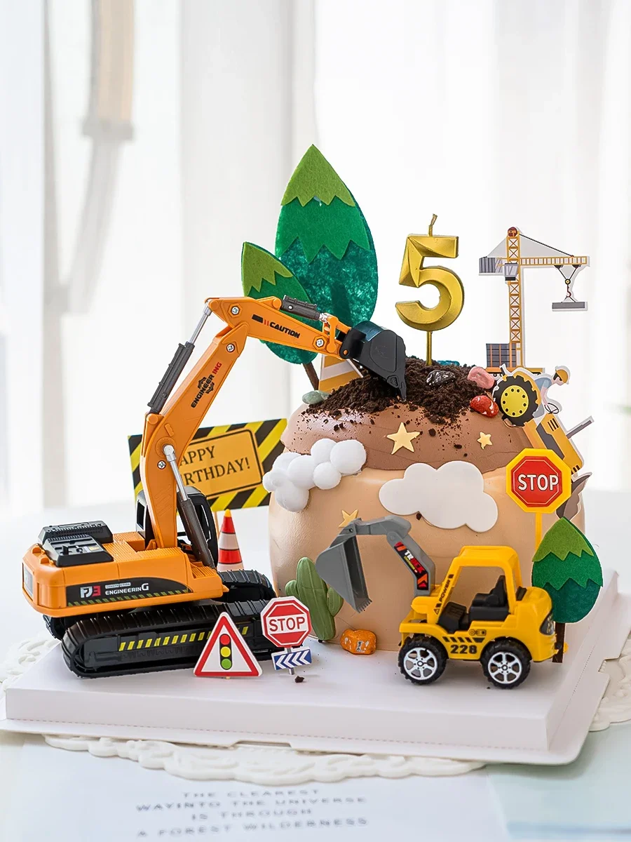 

Baby Birthday Cake Topper Engineering Truck Excavator Layout Party Dessert Table Bulldozer Topper Plug-in