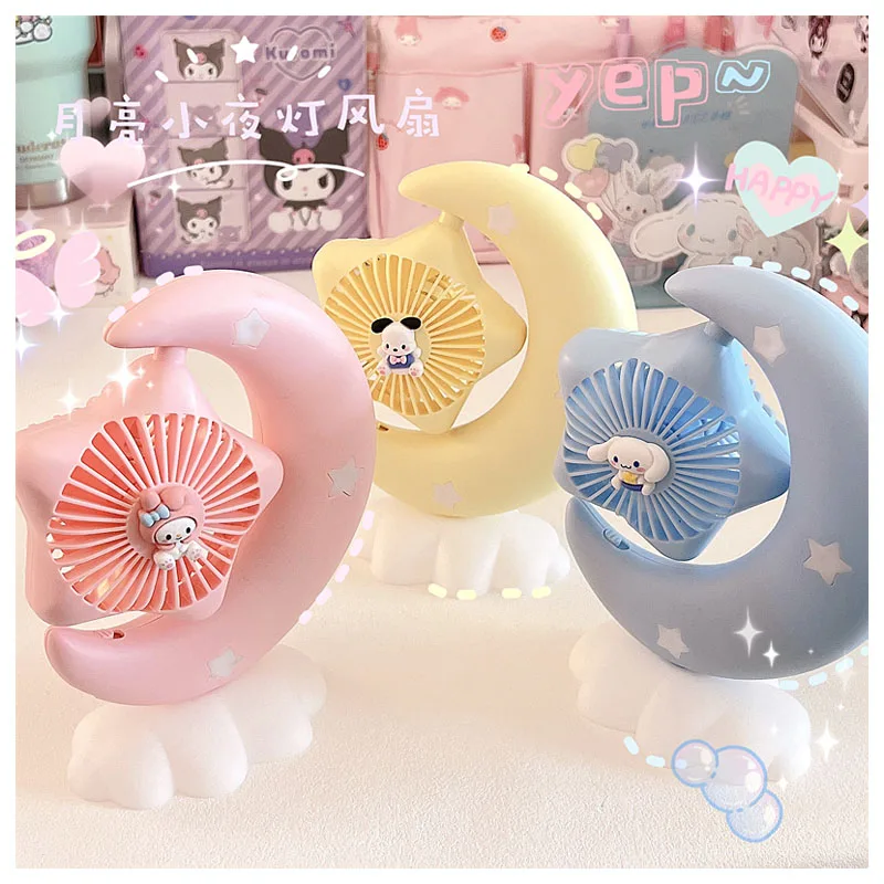 

Sanrioed Anime Cute Cinnamoroll Pachacco My Melody Summer Moon Night Light Cartoon Kawaii USB Desktop Adjustable Fan Girls Gifts