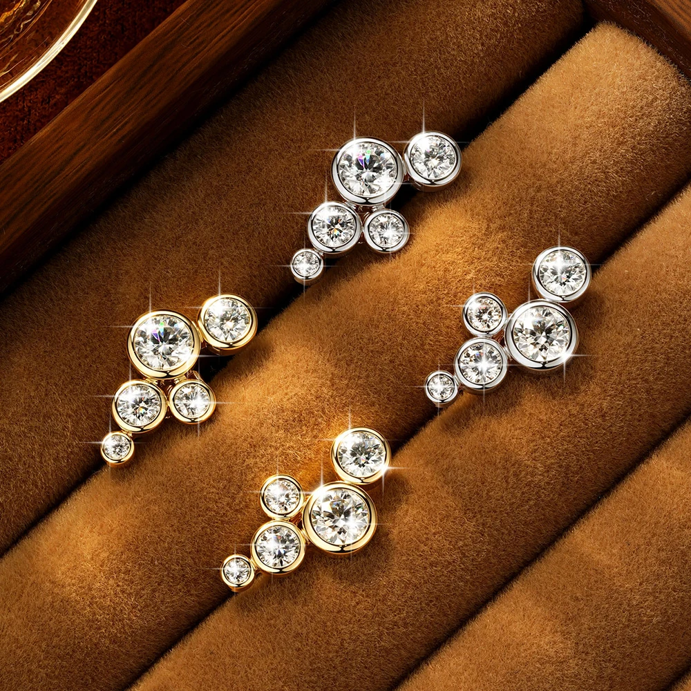 Фото Серьги-гвоздики Lnngy из золота 14K с 5 камнями в стиле «пузырьки», сертифицированные, с муассанитами 5 мм в оправе, элегантные ювелирные изделия, подарок №2