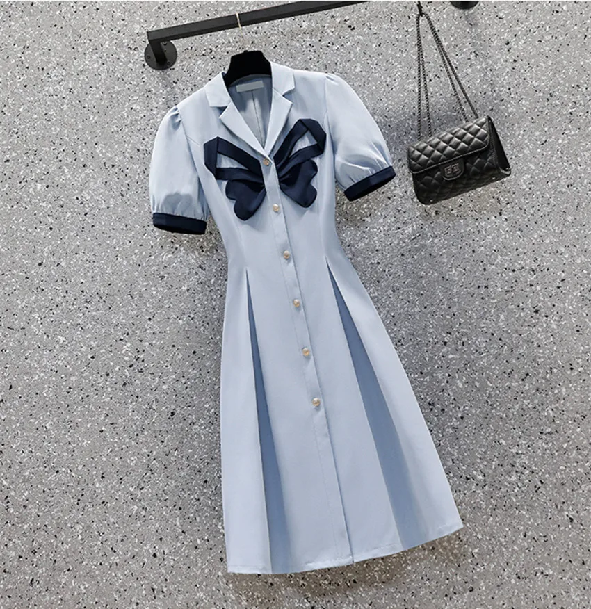 

Женское модельное дизайнерское платье, однобортное синее офисное платье OL с отложным воротником и коротким рукавом, с бантом