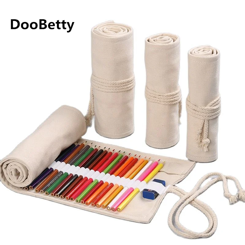 

White Color 36/48/72 Holes Canvas Roll Pen Curtain Pencil Bag Case Makeup Wrap Holder Storage Pouch School Supplies