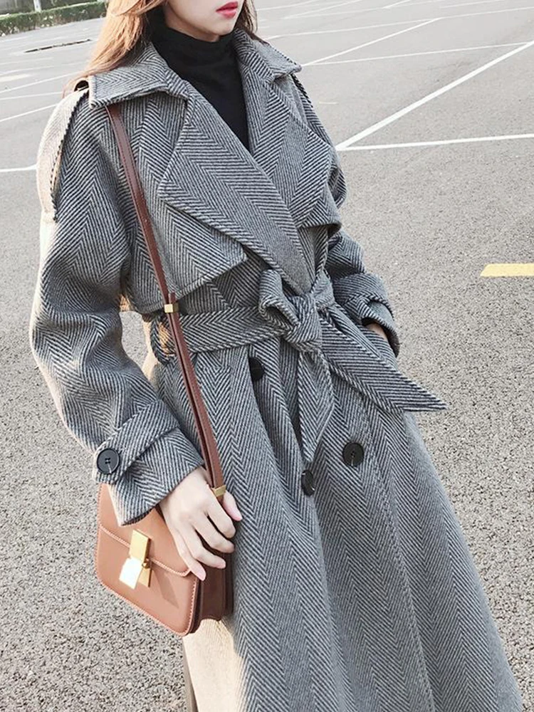 

FTLZZ Spring Autumn Women Turn-down Collar Double Breasted Long Trench Casual Female Sash Tie Up Coat Vintage Striped Coat